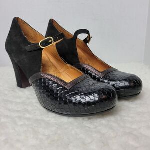 Chie Mihara Kitaro Womens Shoes Size 10 Black Croc Leather Suede Mary Jane Heel